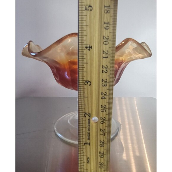 Dugan Marigold Amber & Clear Iridescent Carnival Glass Compote Ruffled Edge - Picture 2 of 4